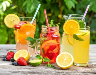 Iced lemonade and fruit drinks on a rustic wooden table, outdoor garden