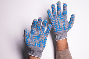 Industrial Protective Gloves with Blue Rubber Grip on White Background
