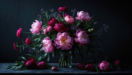 Fototapeta premium Colorful floral arrangement against dark backdrop, used as a floral motif for cards and stationery