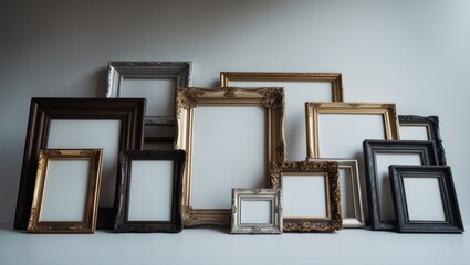 Assortment of empty picture frames in diverse shapes