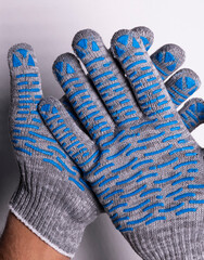 Industrial Protective Gloves with Blue Rubber Grip on White Background