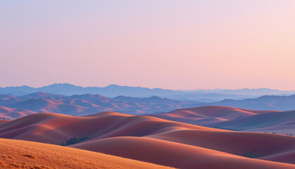 Breathtaking desert landscape showcases rolling sand dunes under soft pastel sky, evoking sense of tranquility and vastness. gentle curves of dunes create harmonious flow, inviting exploration