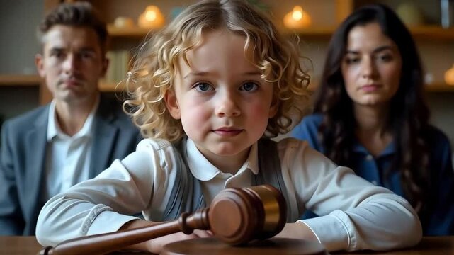 Divorce, maintenance and the mental effect on the children, a girl sat in a judge office with Mom and Dad