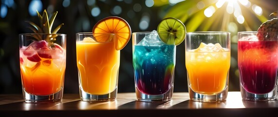 Refreshing tropical fruit juices poured into crystal clear glasses sparkling vividly with blurred sunlit backgrounds