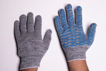 Industrial Protective Gloves with Blue Rubber Grip on White Background