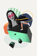 Creative drawing collage picture of funny female buttons eyes hat body legs imagine surreal weekend...