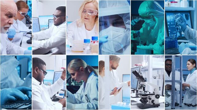 Technology and medical concept. Scientists, lab equipment and microscopes in biomedical innovations and clinical studies. Ideal for educational content. Vertical videos.