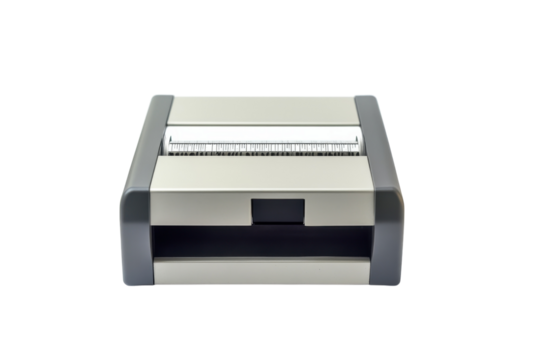 Sleek silver label printer sharp detail ready for use efficient office tool simple design clean