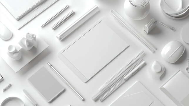 Minimalist Stationary Arrangement: An artistic flat lay composition of pristine stationary items. Ideal for visual merchandising, featuring clean lines and an ethereal ambiance.