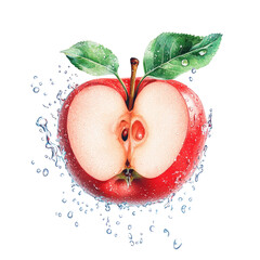 Red apple half, water splashes