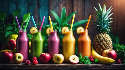 Colorful freshly juiced fruit and vegetable smoothies with elements for a healthy diet.