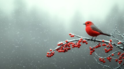 Fototapeta premium Red bird winter snow berries branch.