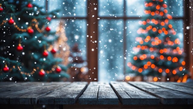 Wood table top in focus with a blurred bokeh tree and decorative window scene with snow - ideal for product display or montage.