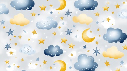 Fototapeta premium Soft, dreamy design for baby nursery, fabric, wrapping paper, wallpaper, or kids room decoration with sky and celestial theme.