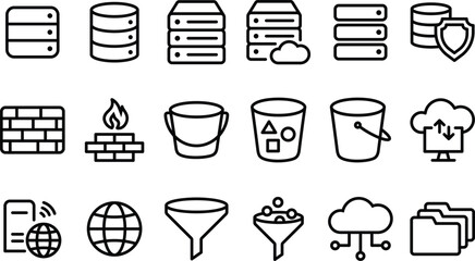 IT architecture diagram icon sheet, featuring various tech symbols like databases, buckets, servers, and cloud elements. © LeWen