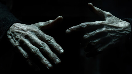 Worn Hands: A pair of elderly hands, weathered by time and experience, stand in the darkness, hinting at stories untold and a lifetime of resilience.