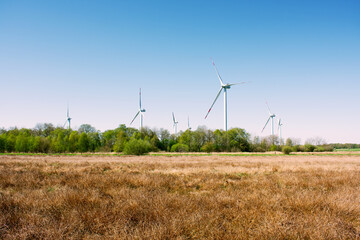 Wind turbine farm in the field. Group of wind turbines for electricity production. Ecology. Caring...