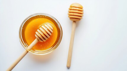 Honey with Wooden Dipper, Isolated on White Background, Top View