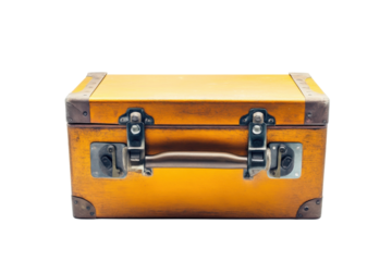 Vintage mustard yellow suitcase antique travel trunk old box isolated on white background