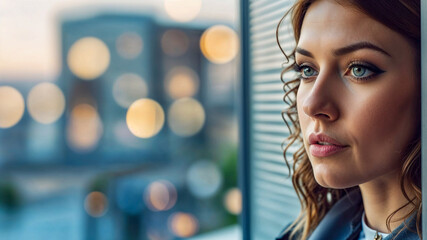 Obraz premium Businesswoman. Thoughtful woman gazing out a window against a city backdrop. 