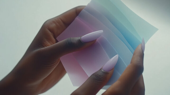 Pastel Paper Sheets: Close-up of hands gently holding a stack of delicate pastel-colored paper sheets, showcasing a soft ombre effect from pink to blue.