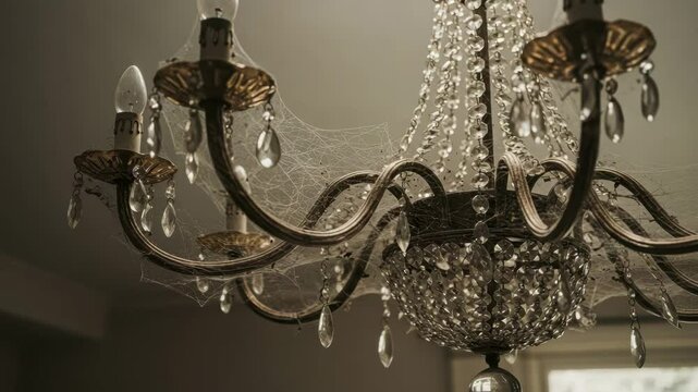 Cobwebs cling to a stunning chandelier's crystal details in a dimly lit interior setting