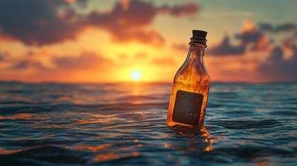 Message in a Bottle Floating on Water at Sunset Horizon