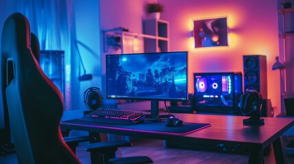 Fototapeta premium Modern Gaming Setup with RGB Lighting and Stylish Decor