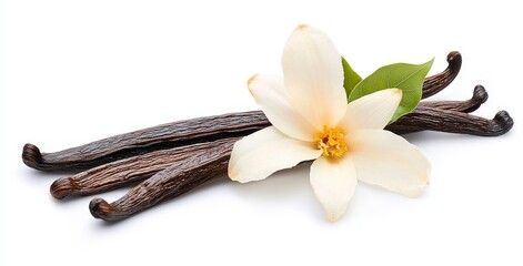 Vanilla Bean and Flower Still Life on White Background