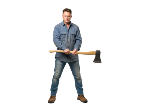 Man Holding Axe Intense Dramatic Pose isolated on transparent background