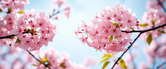 Obraz premium Close-up of delicate pink cherry blossoms against a soft blue sky, a tranquil spring scene, outdoor, wallpaper