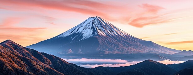 Fototapeta premium Mount Fuji at sunrise with pink and orange skies surrounded by soft mist realistic photo magazine quality