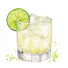 Plakat Tommy's Margarita cocktail with lime wheel and ice cubes in a clear lowball glass. Watercolor illustration isolated on white background. Tequila-based summer drink. Mexican cocktail concept 