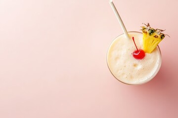 Minimalist piña colada on soft pink background - refreshing tropical beverage design