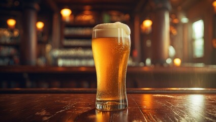 Chilled pale beer in a glass with droplets on its surface, set on a wooden table. Background shows a blurred bar.