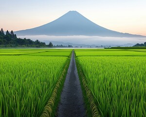 Fototapeta premium Mount Fuji shrouded in delicate morning mist over lush green rice fields realistic photo natural beauty