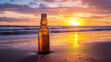 Sunset Beach Scene with a Brown Bottle on the Sandy Shoreline