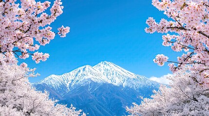 Mount Fuji viewed through blooming cherry blossoms in spring under a clear blue sky realistic photo