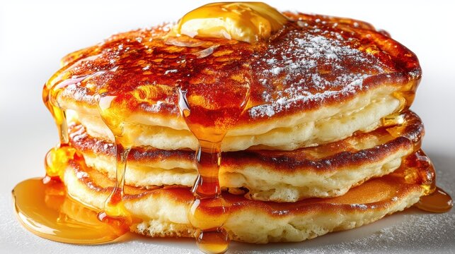 a stack of fluffy pancakes on a white isolated background, warm and appetizing look
