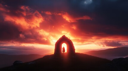 Person standing in archway at sunset