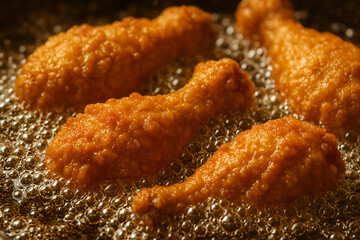 Golden fried chicken breasts are being fried in a pan full of boiling oil.