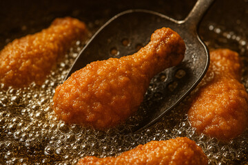 Golden fried chicken breasts are being fried in a pan full of boiling oil.