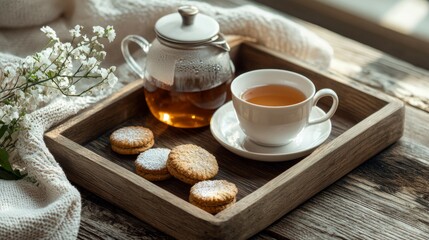 Cozy Tea Time with Herbal Teapot, Cup, and Sweet Biscuits on a Tray