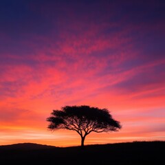 Obraz premium Tree silhouette at vivid sunset