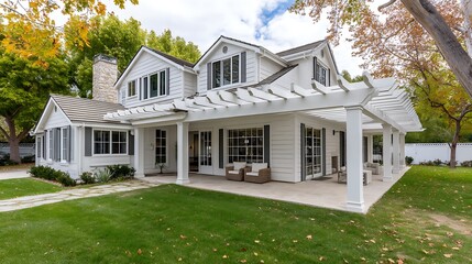 Obraz premium Luxury White Suburban Home Exterior with Pergola Patio and Lush Lawn