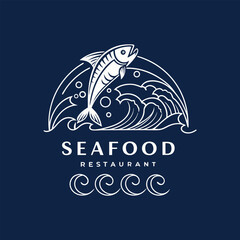 seafood restaurant logo with a minimalist line art of a fish and waves
