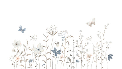 Watercolor border with delicate abstract wildflowers, plants and flying butterflies, isolated hand-drawn print for cards, wallpapers, mural in children room or background for your text. © Nikole