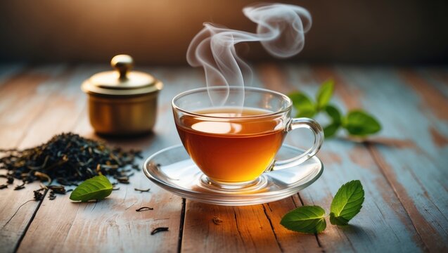Cup of tea with mint herb and dried tea leaves