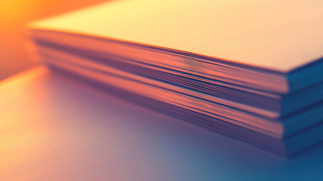 Stack of Papers: A close-up view of a neat stack of blank papers, illuminated by a warm, soft light. This image represents the starting point for ideas or communications.