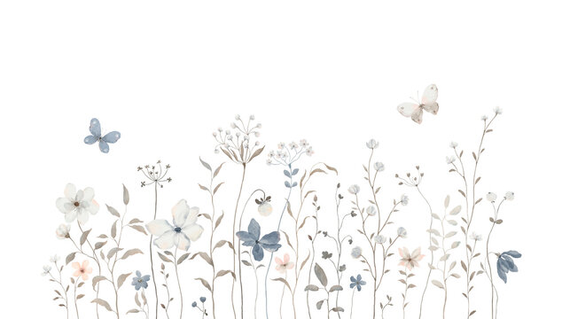 Watercolor border with delicate abstract wildflowers, plants and flying butterflies, isolated hand-drawn print for cards, wallpapers, mural in children room or background for your text.